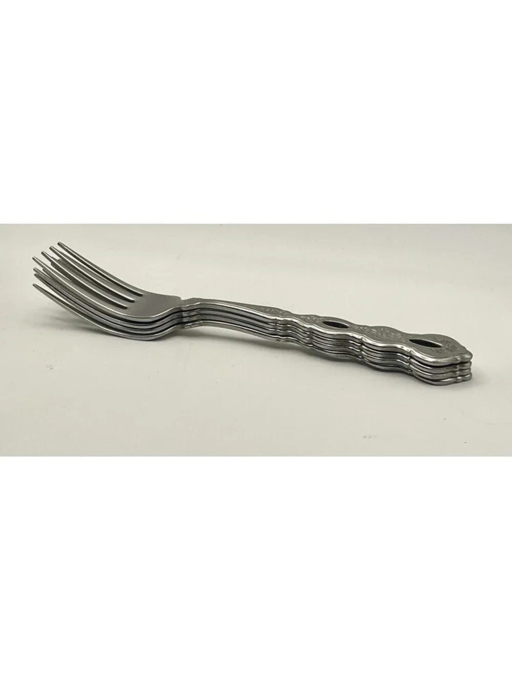 4- Oneida Community FANTASY Burnished Stainless Pierced Hndl Dinner Fork ~7.25”